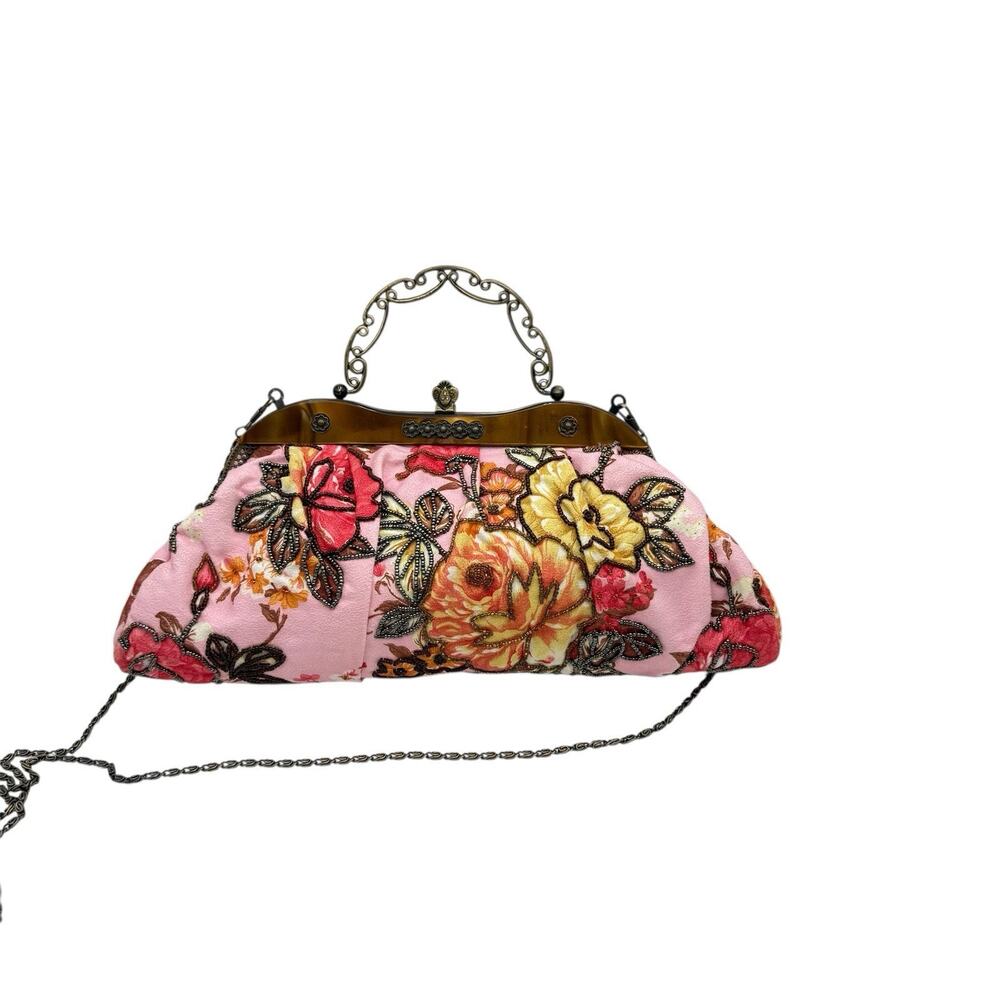 Vintage Pink Hand Beaded Floral Bag Purse Art Deco Clasp Chain Strap Elegant EUC